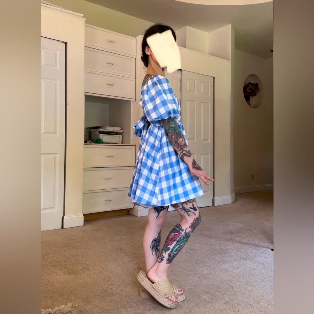 Checkered Puff Sleeve Romper tie back